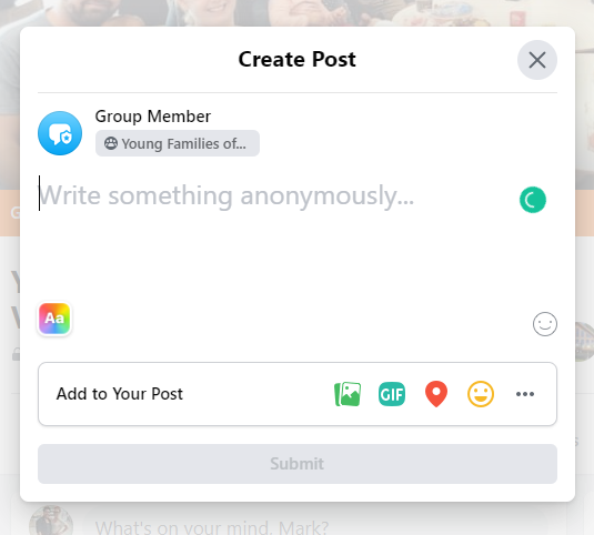 Creating anonymous post on Facebook group - desktop view